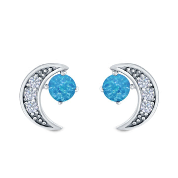 Moon Stud Earrings Lab Created Blue Opal Simulated CZ 925 Sterling Silver (10mm)